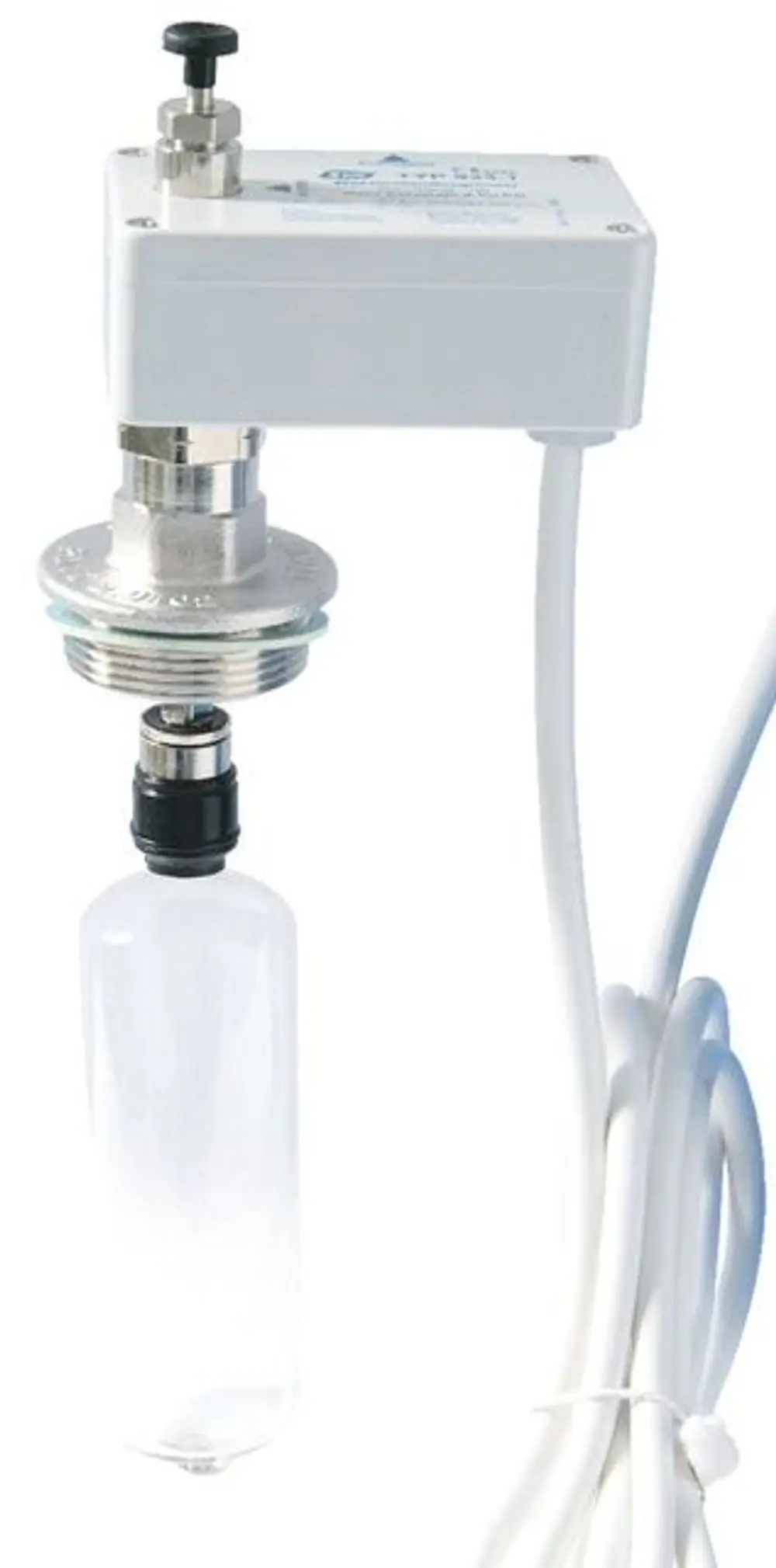Syr Wasserstandbegrenzer ohne Gehäuse, mit einer transparenten Flasche, einem Druckknopf an der Oberseite und elektrischen Anschlüssen.